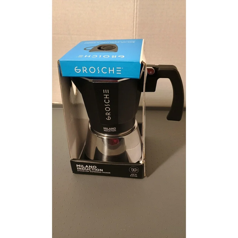 Grosche Milano Induction Espresso Maker 6 Cup Black Silver New Stovetop Moka Pot